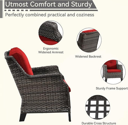 3-Piece Wicker Patio Furniture Set, 2 Armchairs and 1 Fire Pit, Conversation Set with Cushions, Red