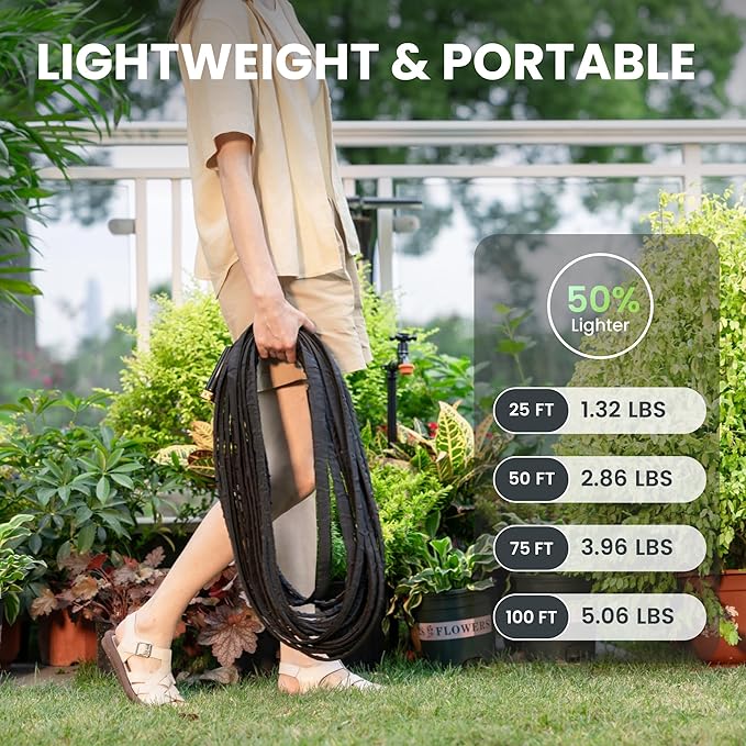 Giraffe Tools Garden Hose 25FT Lightweight Lay Flat Water Hose Kink Free Flexible Hose with 9 Spray Function Nozzle, Black