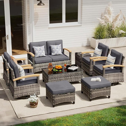 MEISSALIVVE 10 Pieces Outdoor Patio Furniture Sets,PE Wicker Patio Conversation Sets with 4 Wood Armrests Swivel Rocker Chairs，2-seat Sofa and Coffee Table(Grey)