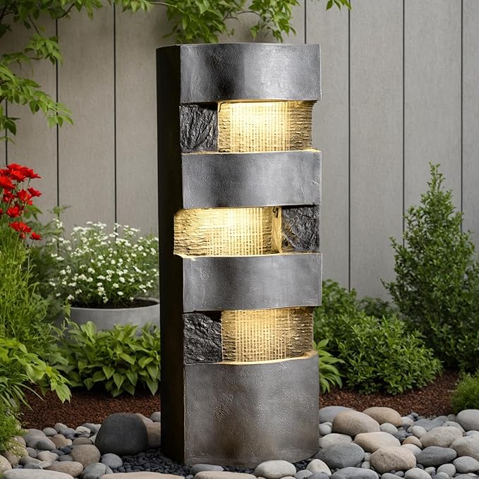 40.5''H Garden Water Fountain Outdoor,4 Tiered Floor Standing Waterfall Outdoor Fountains with LED Lights for Garden, Patio, Backyard, Deck, Porch and Home Art Decor