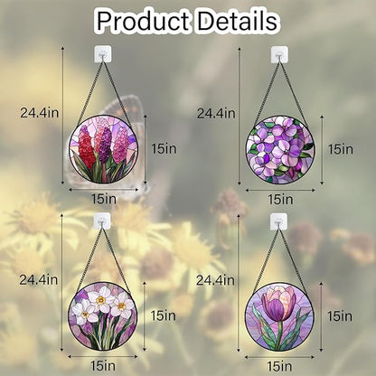 Stained Glass Window Hanging 4 Pcs Set Purple Flower Theme Large 15" - Tulip Suncatcher Door Garden Sun Catcher Decor Birthday Christmas for Plant Lovers Woman Nana Men
