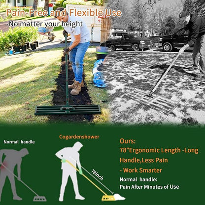 Lawn Leveling Rake Heavy Duty Stainless Steel Lawn Leveling Tool 30”x10” with 78” Adjustable Long Handle Leveling Rake for Soil,Ground,Backyard,Golf Field,Garden Tools Grass Seed Landscaping