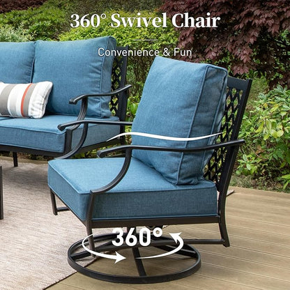6 Piece Metal Outdoor Patio Furniture Set, Patio Conversation Sets 1 3-Seater Sofa, 2 Swivel Chair, 2 Leg Chair with 5.75" Thick Cushion and Coffee Table, Backyard Furniture Set, Navy