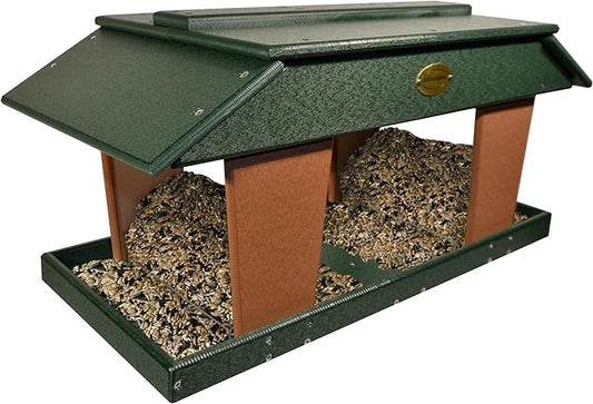 DutchCrafters Poly Post Mount Extra Large Double Hopper Bird Feeder, Outdoor Wild Bird Feeder for Outside, USA Amish Made (Turf Green & Cedar)