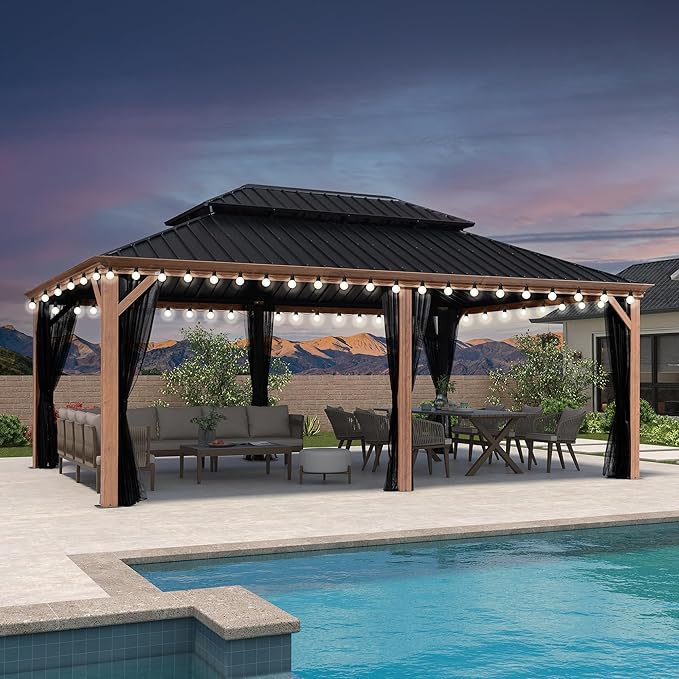 PURPLE LEAF 14' X 20' Outdoor Hardtop Gazebo for Patio Galvanized Steel Double Roof Permanent Canopy Teak Finish Coated Aluminum Frame Pavilion Gazebo with Netting and String Lights