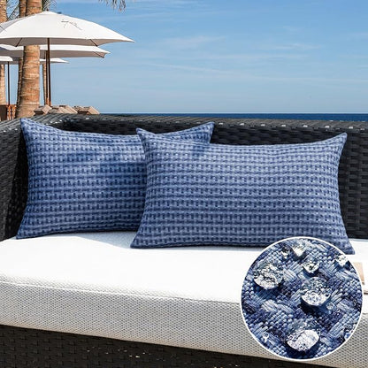 Kevin Textile Outdoor Waterproof Throw Pillow Covers Pack of 2 Farmhouse Decorative Cushion Covers for Garden Patio Tent Balcony Bench Couch Sofa 12x20 Inch, Navy Blue