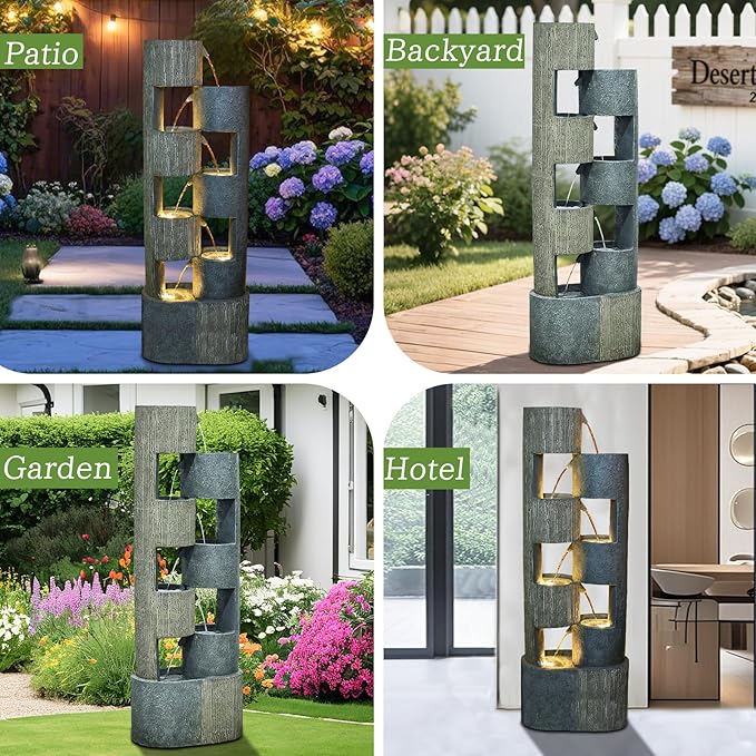 51 Inch Outdoor Water Fountain with LED Lights Tiered Waterfall Fountain Garden Water Feature Durable Resin Fiberglass with Pump Stones Weatherproof Indoor Outdoor Patio Decor
