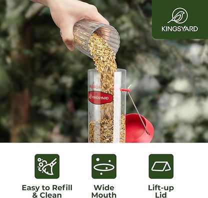 Kingsyard 6 Ports Tube Bird Feeder for Outdoors Hanging, Removable Base and Perch, Easy to Clean & Refill, Premium Hard Plastic, Attracting for Finches Cardinals Bluebirds (Red)