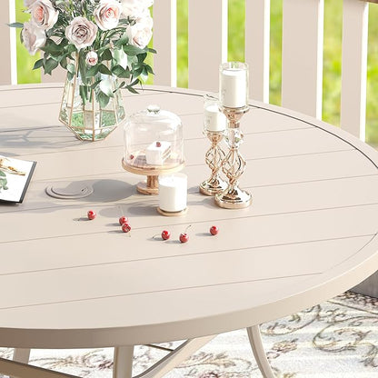 VICLLAX Patio Dining Set for 6, 7 Pieces Outdoor Furniture Includes 53" Round Patio Table with Umbrella Hole and 6 Outdoor Swivel Chairs for Lawn Garden, Sandshell Tabletop and Fabric