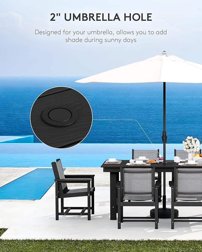 SERWALL 5 Piece Outdoor Dining Table Sets for 4 with 1 Umbrella Hole Cut-Out Rectangular Table and 4 Textilene Chairs, HDPE Dining Table Sets for Garden, Backyard, Poolside, Black
