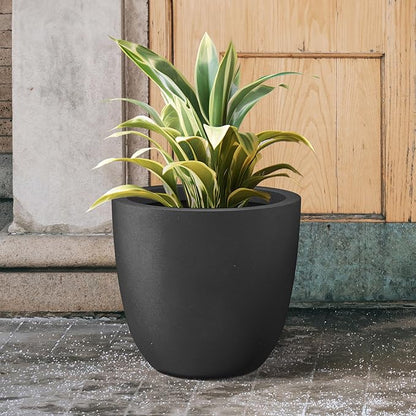 Kante 18 Inch Dia Round Concrete Planter, Indoor Outdoor Large Plant Pot with Drainage Hole and Rubber Plug for Home Patio Garden, Black