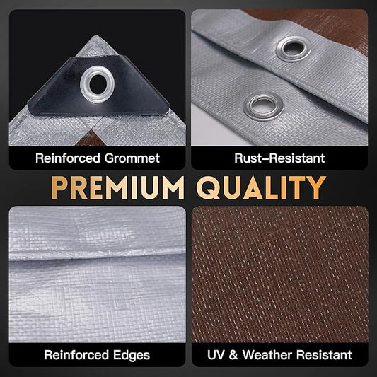 Tarp 8x10 ft Heavy Duty 10mil Silver/Brown 100% Waterproof High Durability Multipurpose Outdoor Tarpaulin,Uv Resistant,for Courtyards,Camping, Canopy, Trailer, Boats, Camping, Etc -by MVPNET