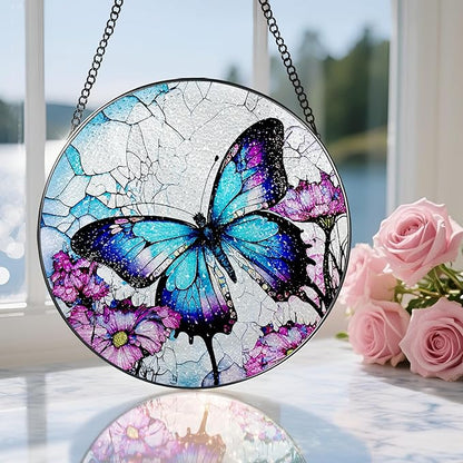 8 Inch Stained Glass Suncatcher Ornament, DOUHASU Butterfly Sun Catchers Indoor Window, Stained Glass Window Hanging, Home Decor, Butterfly Lovers Gifts for Her, Women, Mom, Grandma, Friend