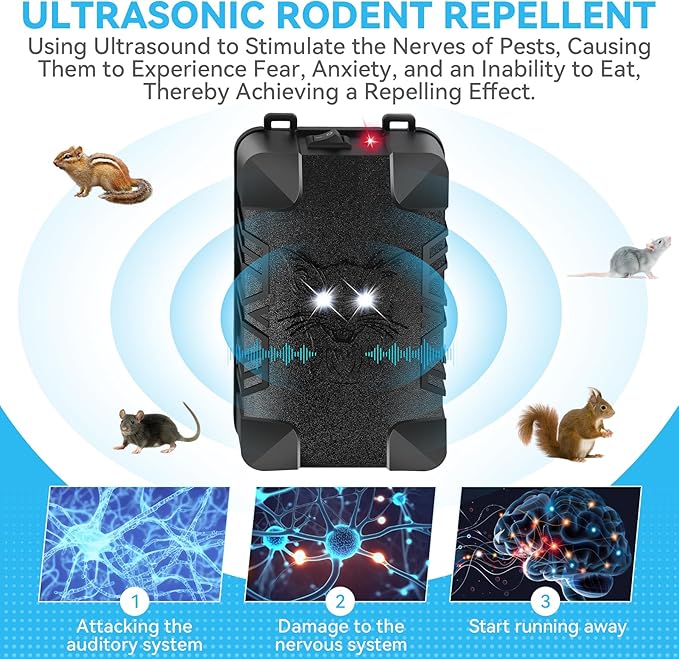 Metessi Ultrasonic Rodent Repellent, Rodent Repellent for Car Engines,Battery Powered Under Hood Animal Repeller with Flashing Strobe Light for Automobile, Truck, Garage, Attic, Barn (2)