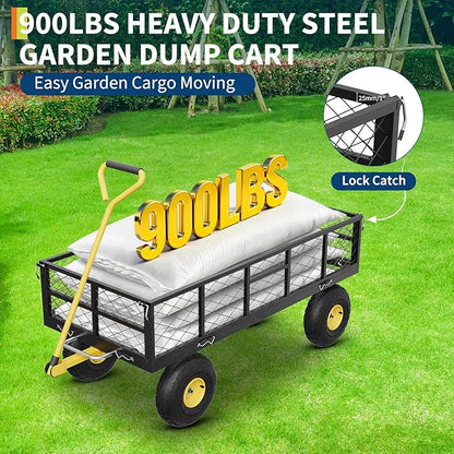 GarveeLife 900 LBS Garden Dump Cart with Removable Sidewalls, Heavy Duty Steel Dump Wagon with 180° Swivel Handle & 10 in Tires, Yard Cart Utility Wheelbarrow for Backyard Farm