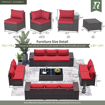 Outdoor Patio Furniture Set, 12 Pieces Outdoor Furniture All Weather Patio Sectional Sofas PE Wicker Modular Conversation Sets with Coffee Table,10 Chairs & Seat Clips Red.