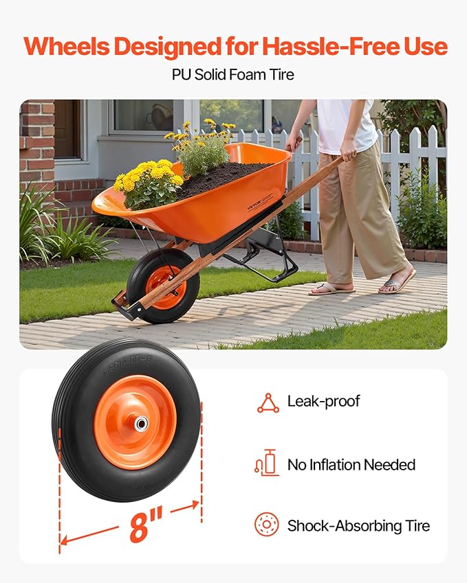 VEVOR Wheelbarrow Cart, 6 Cu. Ft. Load & 330 lbs Capacity, One Wheel Garden Dump Cart Wheel Barrow with Metal Handle & 16" Wide Track Wheels, Easy Loading Utility Yard Cart & Wagons for Lawn Farm