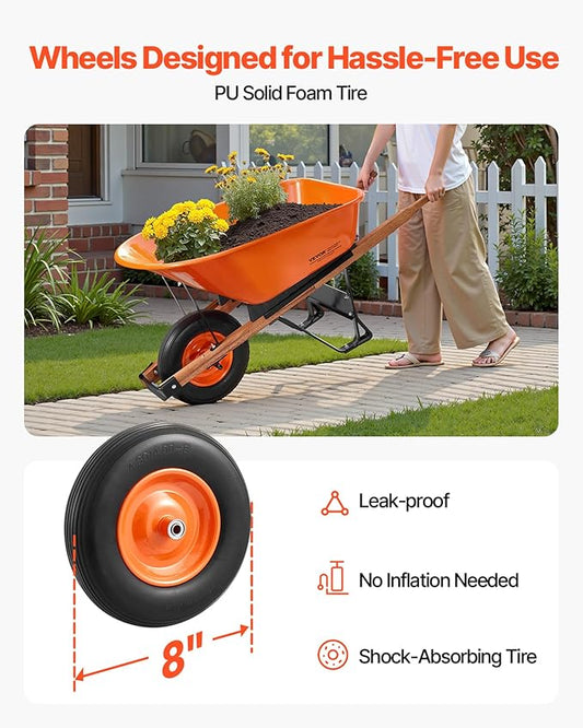 VEVOR Wheelbarrow Cart, 6 Cu. Ft. Load & 330 lbs Capacity, One Wheel Garden Dump Cart Wheel Barrow with Metal Handle & 16" Wide Track Wheels, Easy Loading Utility Yard Cart & Wagons for Lawn Farm