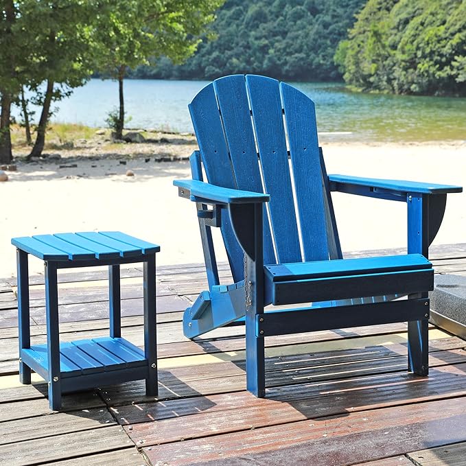 Folding Adirondack Chair, HDPE Outdoor Texture Lawn Chair with Reclining Back, Cup and Phone Holder - Comfortable Firepit Chair Weather Resistant for Patio or Backyard (Blue, Set of 2)