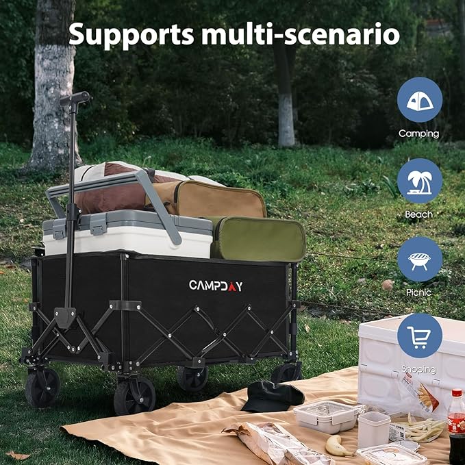 Foldable Wagon Cart, Utility Folding Wagon, Lightweight 12 lbs, 110L/250 lbs Capacity, Collapsible Cart with Wheels & Adjustable Handle for Grocery Shopping, Garden, Camping