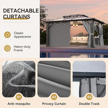 Aoxun 12'x14' Hardtop Gazebo, Aluminum Frame Permanent Pavilion with Netting and Curtains, Outdoor Polycarbonate Double Roof Canopy, Designed for Lawn, Garden, Patio (Gray)