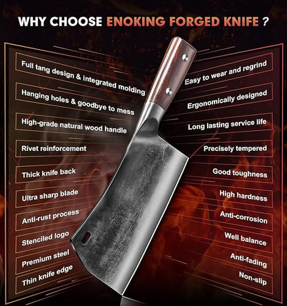 ENOKING Cleaver Knife, 7.5 Inch Hand Forged Meat Cleaver Heavy Duty Bone Chopper German High Carbon Stainless Steel Butcher Knife with Full Tang Handle for Home Kitchen and Restaurant, Ultra Sharp