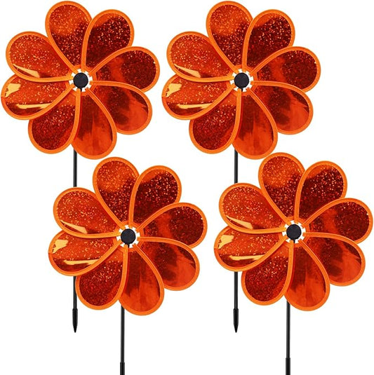 4PCS Flower Wind Spinner Sparkly Lawn Pinwheel 11.8 inch Orange Garden Windmill for Garden, Party, Christmas Outdoor, Yard Decor