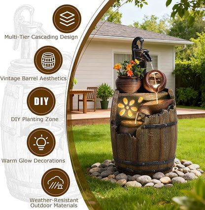 Water Fountain Outdoor Rustic Barrel,4 Tiered Wood Barrel Cascading Water Fall Fountains Outside Feature with LED Lights for Garden, Patio, Porch, Backyard Decor 14.6" L x 14.6" W x 29" H