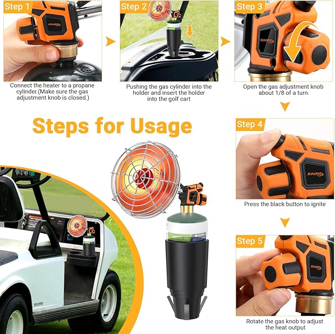 Golf Cart Heater,9200BTU Outdoor Propane Patio Heater with Golf Cart Cup Holder and Self Ignition for EZGO Yamaha Club Car,Most Golf Cart-Fuel Cylinder not included