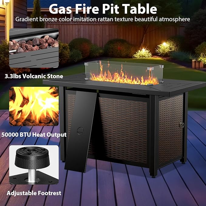 5 Piece Patio Furniture Set with Fire Pit Table - Wicker Patio Conversation Set with Swivel Glider, 3-Seat Sofa, Tempered Glass Side Table for Deck Backyard - Brown Wicker Blue Cushion
