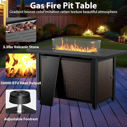 7 Piece Patio Furniture Set with Fire Pit Table - Wicker Patio Conversation Set with Swivel Glider, 3 Seat Sofa, Side Table and 2 Ottomans for Deck Backyard - Brown Wicker Blue Cushion