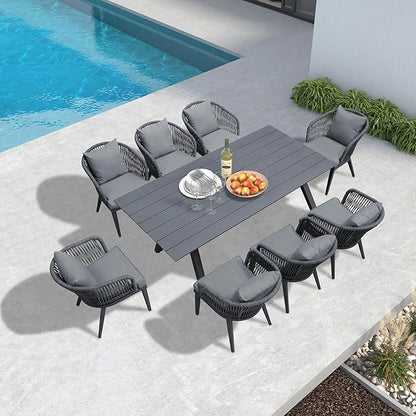 PURPLE LEAF 9 Pieces Patio Dining Set Wicker Outdoor Furniture Rectangular Table and Chairs Set for Garden Deck Aluminum Frame Backyard Kitchen Set, Cushions and Pillows Included Grey