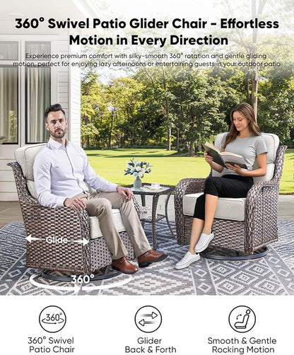 HUMMUH Wicker Patio Furniture Set with Patio Swivel Chairs Set of 4 and 50,000 BTU Fire Pit Table,6 Inch Thick Cushions High Back Outdoor Swivel Rocker Chairs Set for Porch, Balcony, Deck