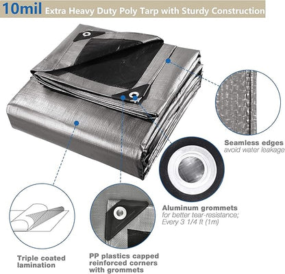 Yescom 16x20 Ft 10 Mil Poly Tarp Protective Cover Tarpaulin Heavy Duty Reversible Silver Black Tarps