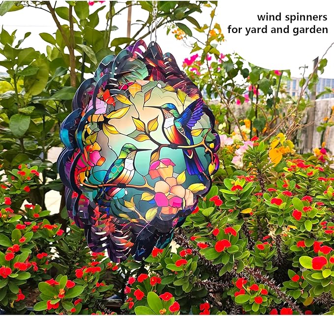 Wind Spinners Outdoor Hummingbird Art12 inch 3D Stainless Steel Laser Cut Metal Art Geometric PatternWind Sculpture Hanging for Yard Garden Decorations Wind Sculpture Gifts Outdoor