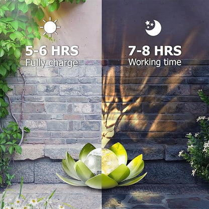Huaxu Solar Lights Outdoor Garden Decoration Crackle Globe Glass Waterproof LED Metal Green Lotus Flowers Gift for Mom,Women,Patio,Lawn,Walkway,Tabletop,Ground