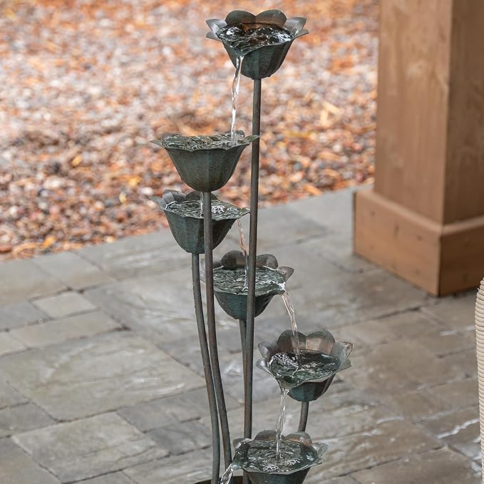 XBrand Metal Sculptural Multi-Tiered Flower Water Fountain, Bronze, 46" Tall