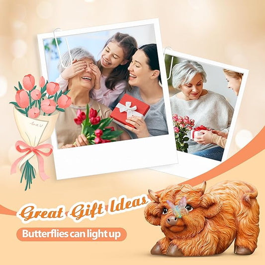 Highland Cow Solar Powered Outdoor Garden Statue, Resin Highland Cow Statue with Solar Light Lantern, Decorative Lawn, Yard Outdoor Highland Cow Decor. Unique Home Decorations, Gifts for Women