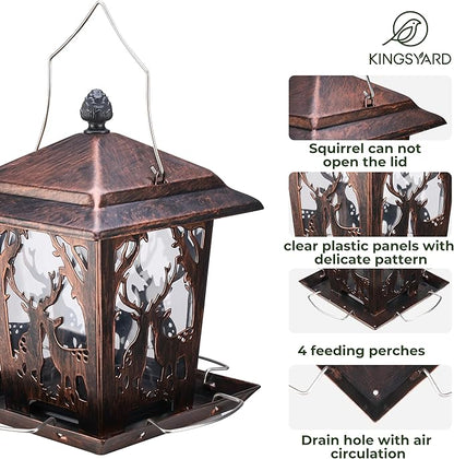 Kingsyard Metal Bird Feeder for Outdoor Hanging - Unique Design Wild Bird Hopper Feeder with 4 Perches and Rainproof Roof, Antique Copper