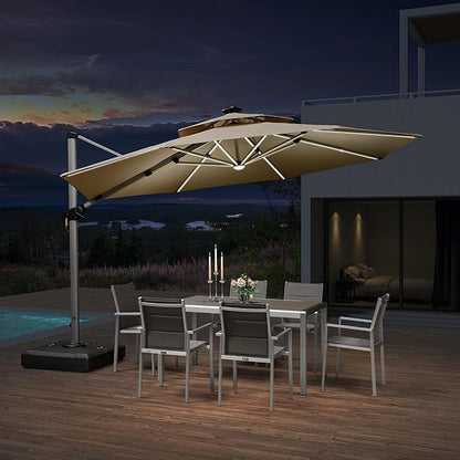 PURPLE LEAF 12ft Patio Umbrella With Base Solar powered LED Cantilever Umbrella with LED lights Windproof Outdoor Offset Umbrella for Garden Deck Pool Patio, Beige