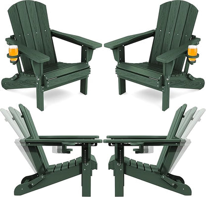 SERWALL Folding Adirondack Chair Set of 4, Reclining Adirondack Chair with 3 Recline Positions, All Weather HDPE Outdoor Adirondack, Green