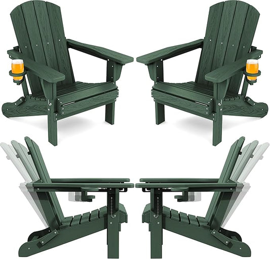 SERWALL Folding Adirondack Chair Set of 4, Reclining Adirondack Chair with 3 Recline Positions, All Weather HDPE Outdoor Adirondack, Green