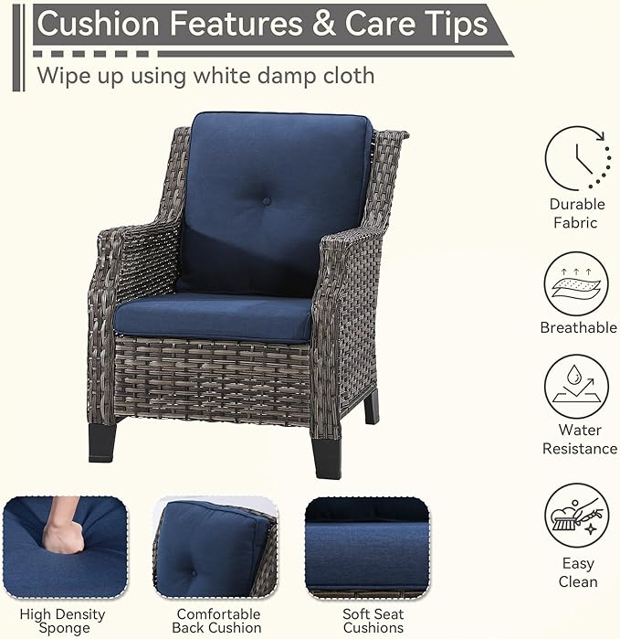 3-Piece Wicker Patio Furniture Set, 2 Armchairs and 1 Fire Pit, Conversation Set with Cushions, Blue