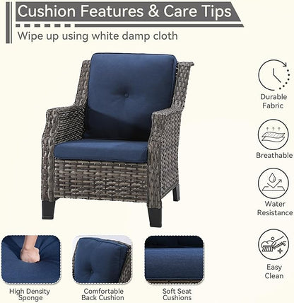 3-Piece Wicker Patio Furniture Set, 2 Armchairs and 1 Fire Pit, Conversation Set with Cushions, Blue