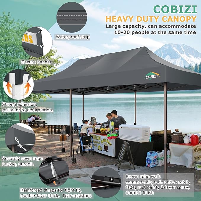 COBIZI 10x30 Heavy Duty Pop Up Canopy with 8 Sidewalls and Hexagonal Legs, Easy up Tent for Parties, Wedding and Commercial, Outdoor Canopy with Carry Bag, Sand Bags, Waterproof & UPF50+ (Gray)