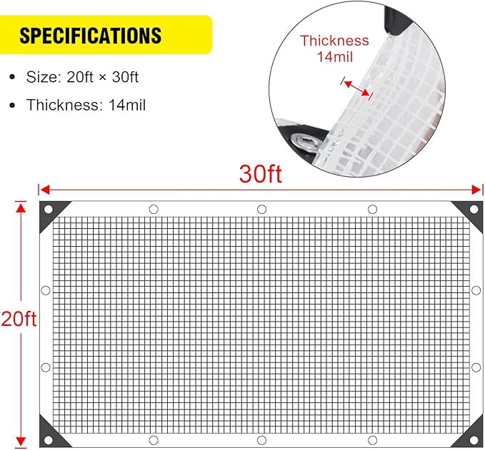 Clear Greenhouse Heavy Duty tarp 14 Mil Clear Waterproof Cover,UV Resistant Poly Tarp with Grommets 30x20ft Superior Strength,for Gardening, Farming, Nursery, Garden