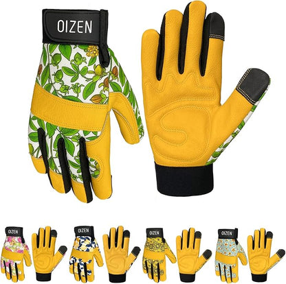 Cowhide Leather Thorn Proof & Puncture Resistant Gardening Gloves for Women, Touchscreen Compatible Working Gloves for Weeding, Digging, Planting, Gardening Gifts for Women (Green bellflowers, Medium)