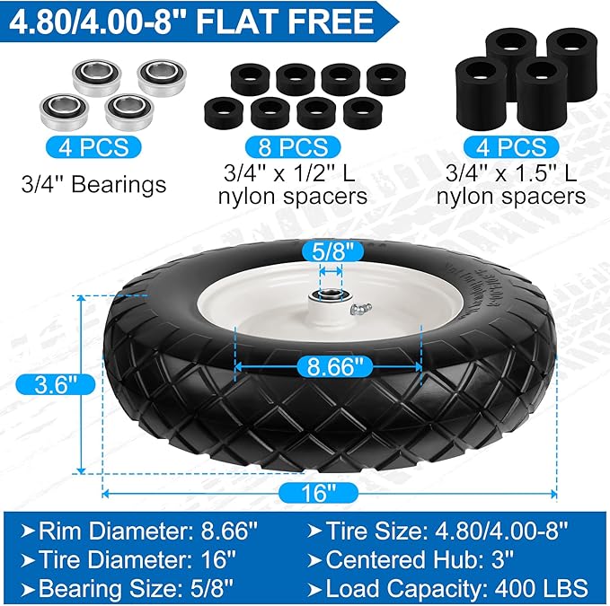 4.80/4.00-8" Flat Free Wheelbarrow Tires and Wheels, 16" Universal Fit Solid Tires with 5/8" or 3/4" Bearing, 3"-7" Hub, Adapter Kit Hand Truck Wheels Replacement for Garden Trailer, Wagons, 2 PCS