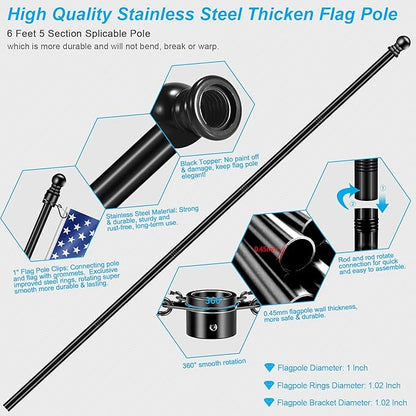 6 FT Flag Poles Kit for House with 2-Position Flagpole Bracket & 360° Rotating Flag Rings, 1 Inch Stainless Steel Spinning Flag Pole, Porch Wall Mounting Metal Flag Pole for 3x5 4x6 Flag (6 FT, Black)
