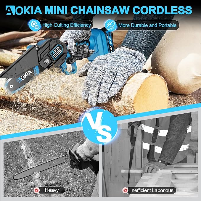 Cordless Mini Chainsaw 21V,4In Electric Chainsaw,Handheld & Portable Power Chain Saw for Tree Trimming Pruning Garden & Yard Work,Battery Chain Saw Gifts for Men Women Dad Blue